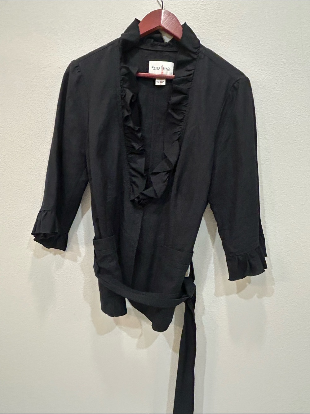 White House Black Market Black Ruffle-Trim Tie Waist Blouse